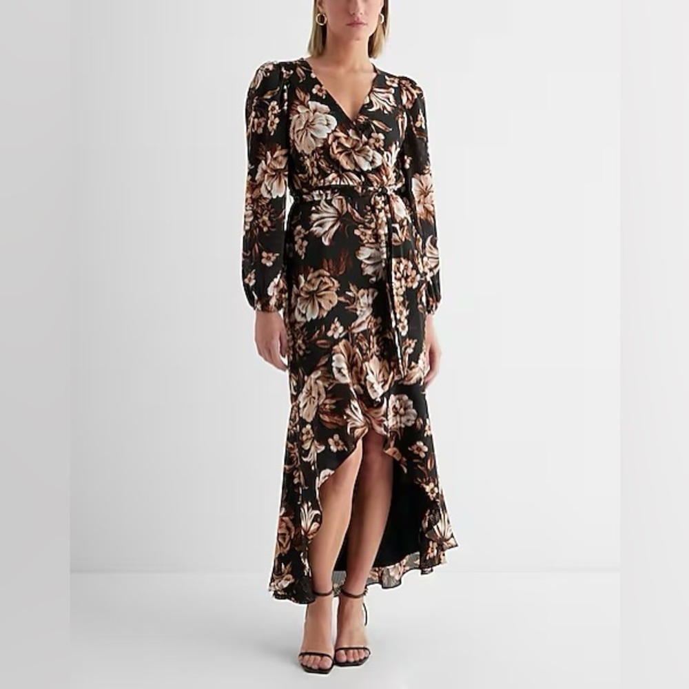 EXPRESS | Black & Bronze Floral Maxi Dress | L